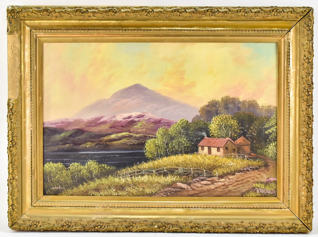 RA MURRAY 'LODI EYE' MOUNTAIN LANDSCAPE: Original gouache painting on paper signed by artist, RA Murray, lower right and titled "Lodi Eye", lower left. Features a cabin amongst a mountain landscape. Art measures 17.5" H x 26" W presented in 