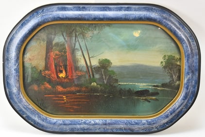 NOCTURNAL LAKESIDE CAMPFIRE SCENE OIL PAINTING BY LA RUE