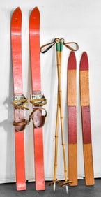 VINTAGE DONALD DUCK RED SKIS, POLES, & ATTACHMENTS