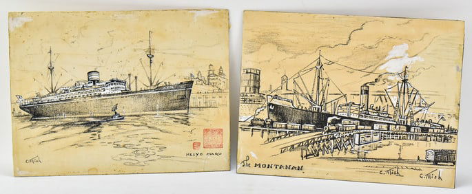 GRAPHITE NAVAL SKETCHES 'THE MONTANAN' & 'HEIYO MARU' BY CHARLOTTE MISH