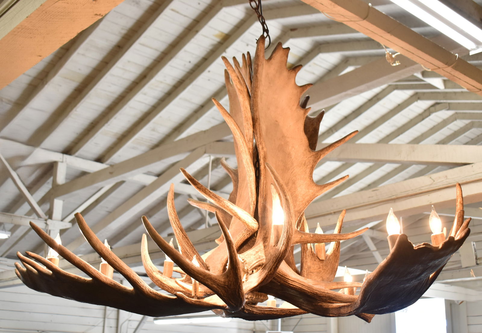 15-LIGHT MOOSE PADDLE CHANDELIER: A 15-light moose paddle chandelier composed of six paddles. The item measures 37.5" H, 62" W, 65" D.