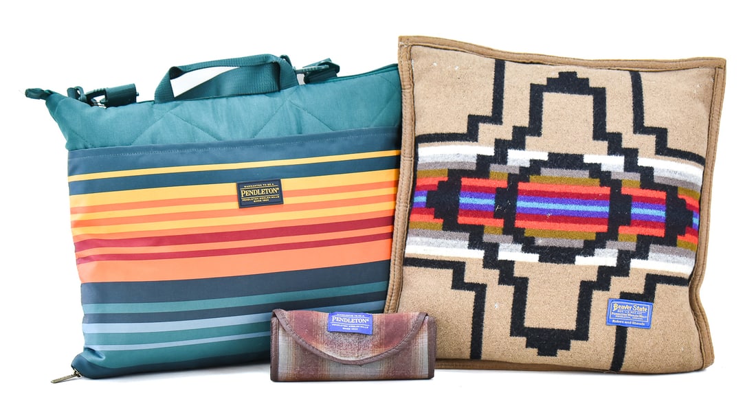 PENDLETON TRAVEL RUG, THROW PILLOW & TRAVEL BAG: Includes a Pendleton wool throw pillow, a packageable tote bag, and a outdoor packageable blanket measuring 15" H x 18" W x 5" D when packed.