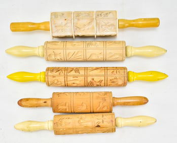 FIVE SPRINGERLE-STYLE BAKING MOLD ROLLING PINS