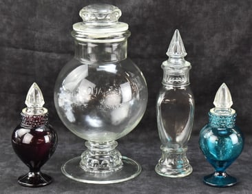 FOUR VINTAGE GLASS CANDY DISPLAY JARS: PURPLE, BLUE, TAPERED