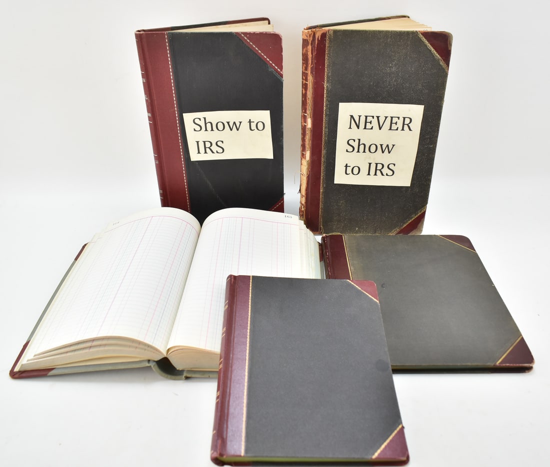 ANTIQUE ACCOUNTING LEDGERS: Includes five antique accounting ledgers. Four are unused, and one is partially filled out with attached bank letterheads. The largest ledger measures 14" H x 9" W x 1" D.