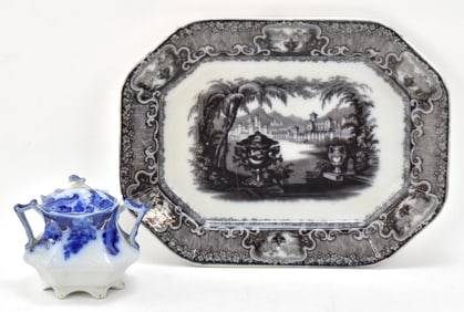 P.W. & CO. MULBERRY TRANSFERWARE PLATTER & GRINDLEY SUGAR BOWL