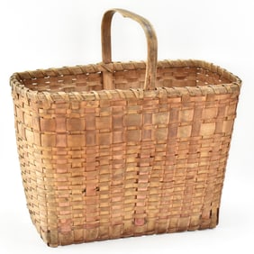 PRIMITIVE RECTANGLE HANDWOVEN SPLINT BASKET WITH HANDLE