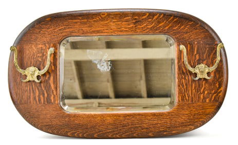 EARLY 1900s OAK WALL MIRROR WITH FIGURAL HOOKS
