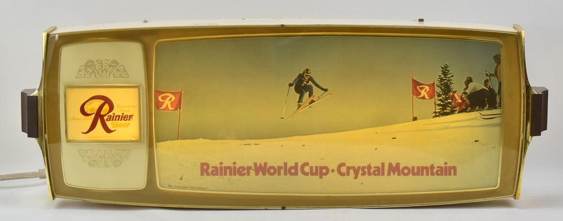 VINTAGE RAINIER WORLD CUP - CRYSTAL MOUNTAIN LIGHTED SIGN: A Rainier World Cup - Crystal Mountain lighted sign, circa late 20th century. The item measures 12.5" H, 41" W, 4" D.
