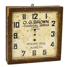 SESSION CLOCK CO. O.G. BROWN FUNERAL SERVICE ADVERTISING WALL CLOCK