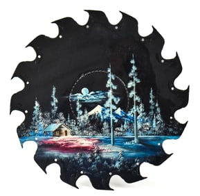 OREGON CASCADE LOG CABIN PAINTING ON A SAW BLADE BY L. KNOSP C. 1987
