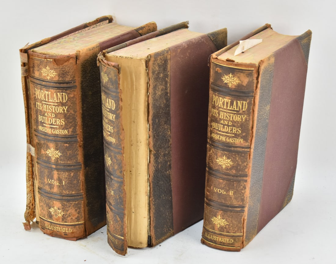 JOSEPH H. GASTON 'PORTLAND ITS HISTORY AND BUILDERS' VOLUME I-III: This lot includes Joseph H. Gaston "Portland its History and Builders" three volume set published by S.J. Clark Publishing Company in 1911. The item measures 11" H, 3" W, 8" D.