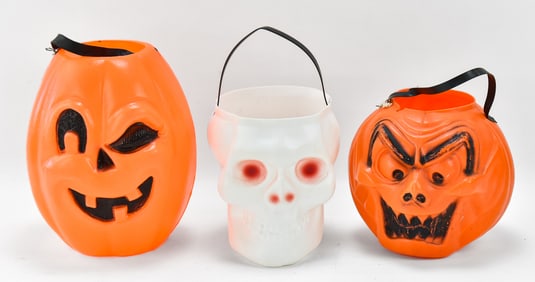 VINTAGE HALLOWEEN BLOW MOLD CANDY BUCKETS: TOPSTONE RUBBER CO., BAYSHORE (ATTR.), EMPIRE