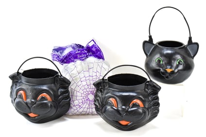 VINTAGE HALLOWEEN EMPIRE & HALLMARK BLACK CAT BLOW MOLD CANDY BUCKETS