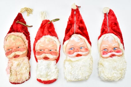 FOUR VINTAGE CHRISTMAS RUBBER-FACED SANTA CLAUS ZIPPERED STOCKING BAGS: BIJOU & COLUMBIA TOYS
