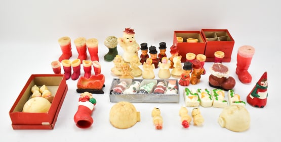 ASSORTED VINTAGE GURLEY & TAVERN CANDLES: INUIT LIFE, SNOWMEN, SANTA CLAUS BOOTS, & MORE