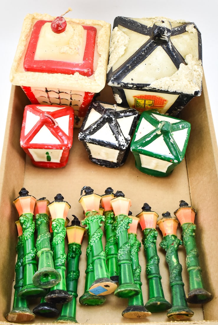 COLLECTION OF ASSORTED VINTAGE 'LANTERN' CANDLES: Collection of nineteen assorted vintage "lantern" candles. Largest measures 7"H x 5"W x 5"D.