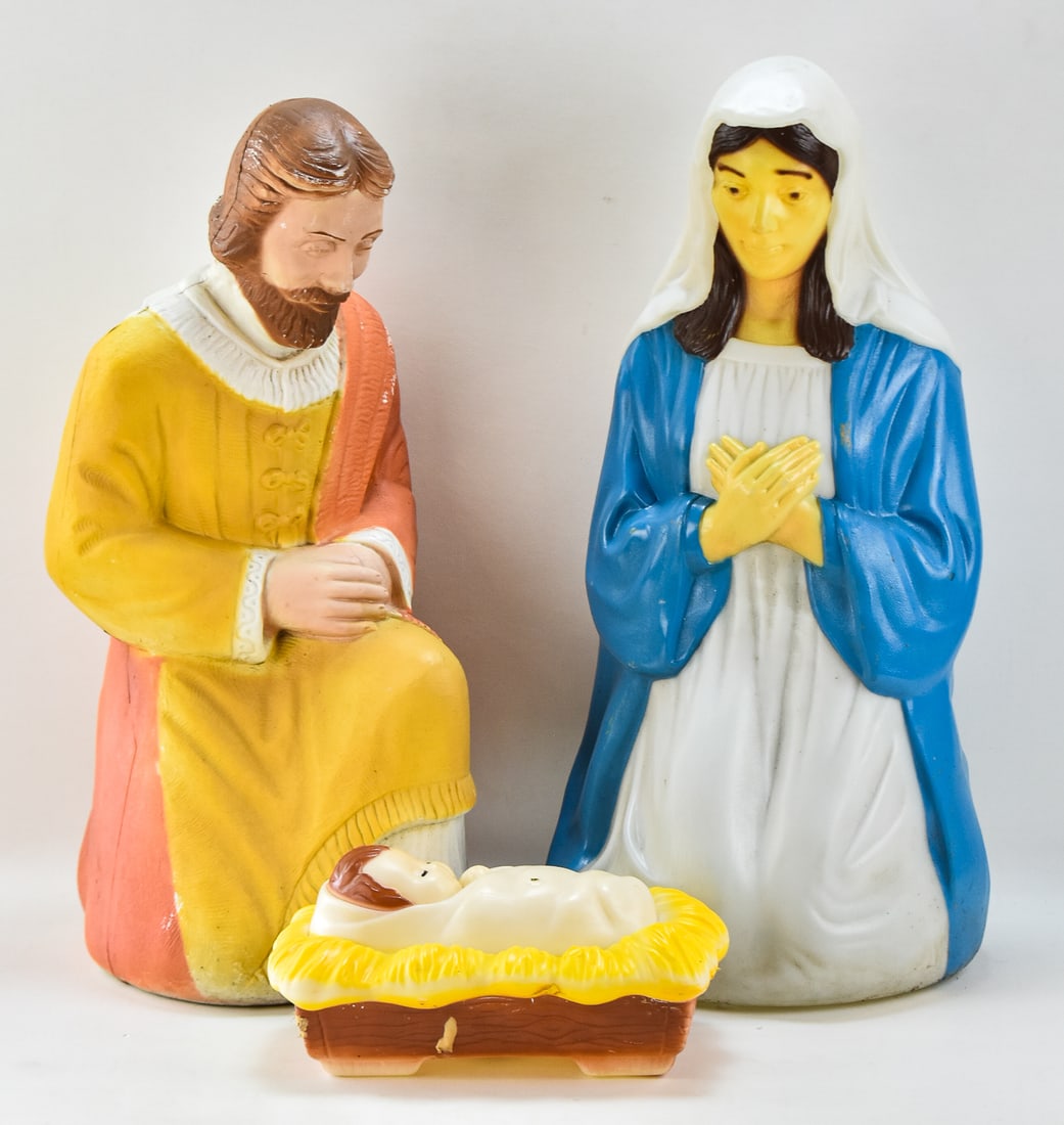VINTAGE CHRISTMAS BLOW MOLD 3-PIECE NATIVITY SCENE: POLORON & EMPIRE: This lot includes a vintage Christmas blow mold three-piece nativity scene: Poloron Joseph, Empire Mary, and an unmarked baby Jesus. The largest item measures 26.5" H, 12" W, 11.5" D.