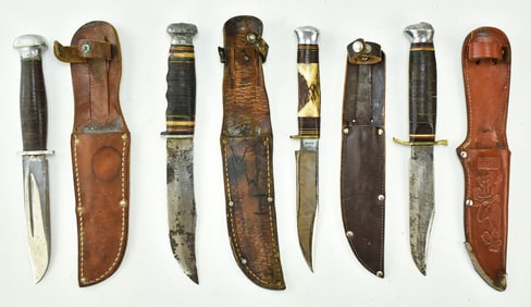 FOUR VINTAGE FIXED BLADE HUNTING KNIVES
