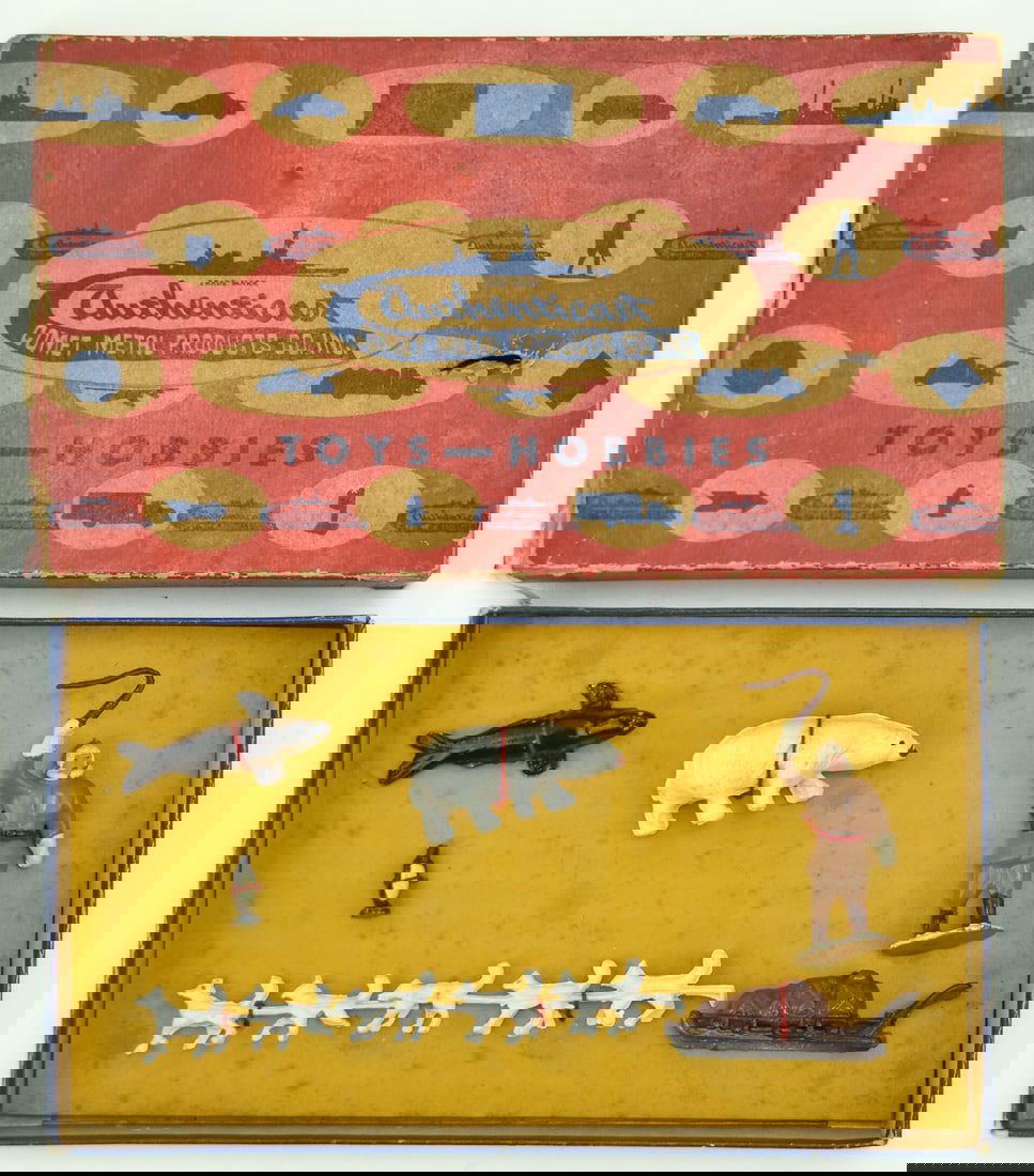 VINTAGE COMET AUTHENTICAST 'ARCTIC SLED SET' WITH BOX: This lot includes a Comet Metal Products Company Incorporated Authenticast "Arctic Sled Set" with ten pieces and an original box, circa 1930-1940s. The item measures 1.5" H, 10" W, 6" D.