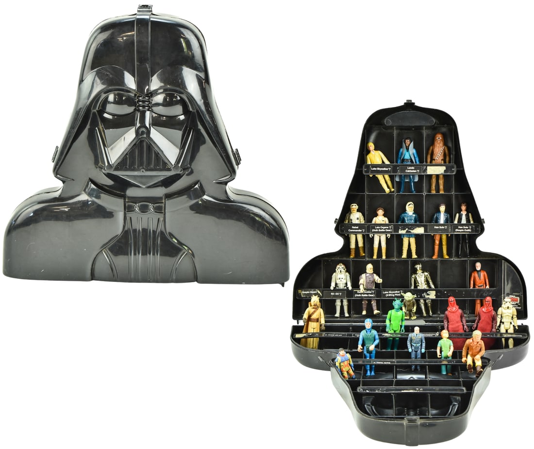 STAR WARS ORIGINAL TRILOGY 1977-1985 KENNER ACTION FIGURES WITH DARTH VADER COLLECTOR'S CASE: This lot includes an incomplete set of Star Wars OT Kenner-made 1977 to 1985 action figures in a Empire Strikes Back Darth Vader Collector's Case. The figures include: Stormtrooper, two Imperial Guard