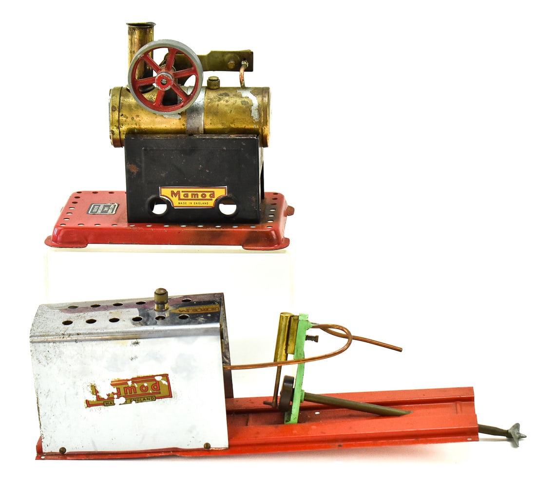 TWO MAMOD STEAM ENGINES: Includes a Mamod ME1 1958 marine steam engine measuring 5" H x 13" W x 3.5" D, and a Mamod MM1 steam engine.