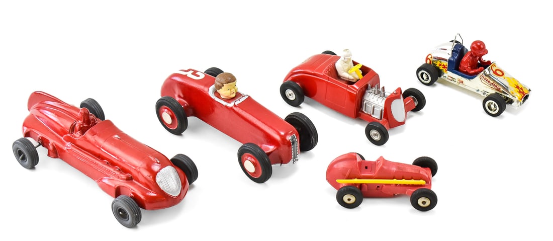 VINTAGE TOY CARS: ARCOR, SAUNDERS, LOUIS MARX, & MORE: This lot includes the following vintage toys: Arcor Safe-Play red racing car circa 1930-1940s, Monogram "Silver Flash" racer car No. 6 circa 1960s, Saunders No. 3 red hot rod friction car circa 1950s,
