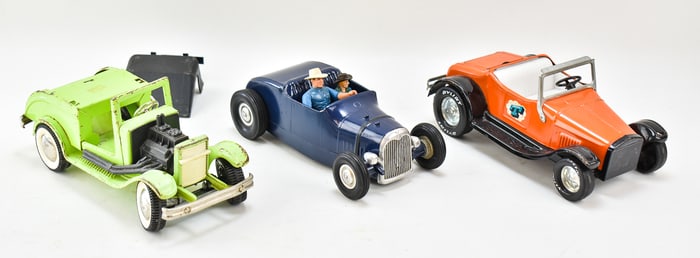 THREE VINTAGE TOY ROADSTER CARS: BUDDY L FORD HOT ROD, ALL AMERICAN COMPANY FORD MODEL A, NYLINT