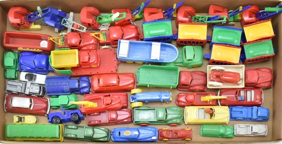 COLLECTION OF VINTAGE PLASTIC TOY CARS, CRANES, & TRUCKS