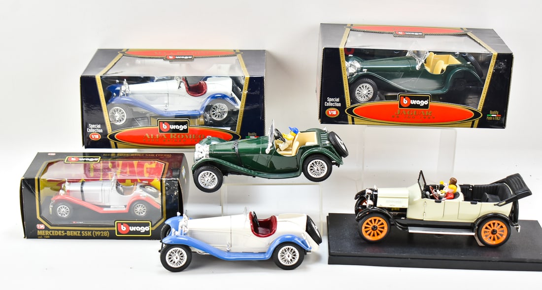DURANGO & REO DIE-CAST MODEL CARSL ALFA ROMEO, JAGUAR, MERCEDES-BENZ, & MORE: This lot includes the following die-cast model cars: two Durango 1932 Alfa Romeo 2300 Spiders (one with an original box), two Durango 1937 Jaguar SS 100s (one within a box), Durango 1928 Mercedes-Benz