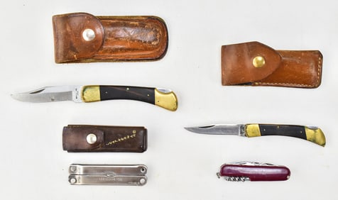 VINTAGE KNIFE ASSORTMENT: KLEIN TOOLS, LEATHERMAN TOOLS, EDGE MARK, & MORE