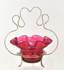 CRANBERRY GLASS BOWL WITH A SILVER BASKET