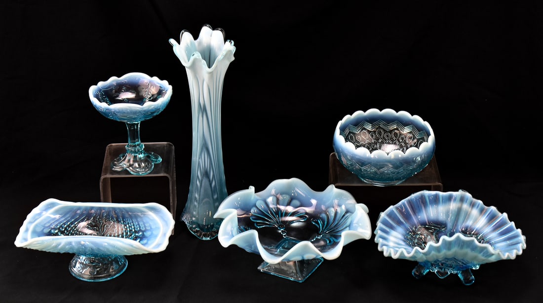 COLLECTION OF BLUE OPALESCENT PATTERN GLASSWARE (1 of 3)