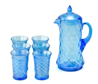 NORTHWOOD IRIDESCENT CELESTE BLUE & DIAMOND PATTERN PITCHER & TUMBLERS SET