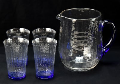 PITCHER & TUMBLER SET IN BAMBOO OPTIC COBALT & CLEAR PATTERN GLASS