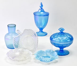 COLLECTION OF IRIDESCENT BLUE & OPALESCENT HOBNAIL PATTERN GLASSWARE