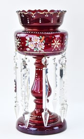 VICTORIAN RUBY GLASS & ENAMEL PAINTED MANTEL LUSTRE