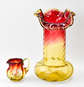 CZECH 'HARRACH' AMBERINA GLASS VASE & PAIRPOINT CREAMER