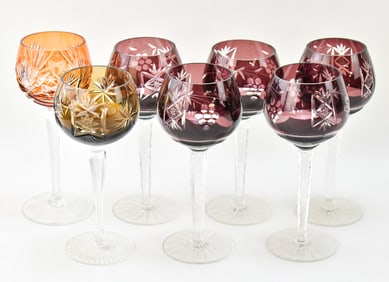 BOHEMIAN CUT-TO-CLEAR AMETHYST, SMOKY, & TANGERINE GLASS STEM GOBLETS