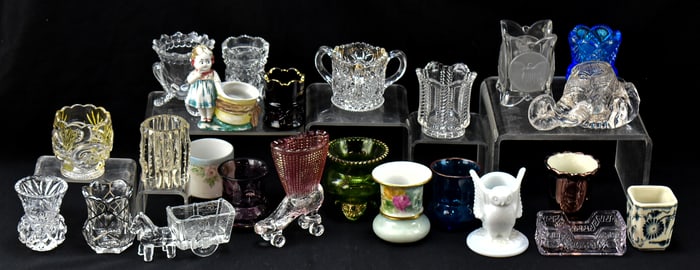 ASSORTED PATTERN & CUT GLASS & PORCELAIN TOOTHPICK HOLDERS