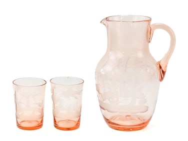 PINK-TANGERINE BLOWN GLASS PITCHER & TUMBLERS WITH ELK & BIRD WILDLIFE ETCHINGS