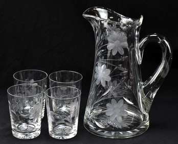 FLORAL ETCHED CRYSTAL PITCHER & TUMBLERS