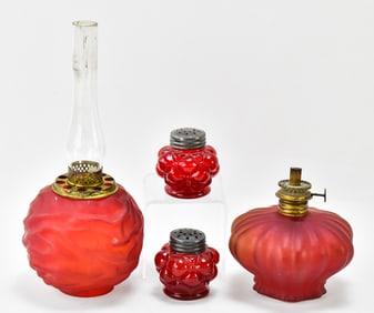 VICTORIAN MINIATURE FROSTED CRANBERRY GLASS OIL LAMP & MORE