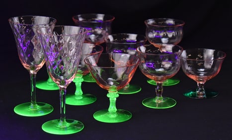 COLLECTION OF MCDONALD WORKS 'WATERMELON' URANIUM GLASS STEMWARE