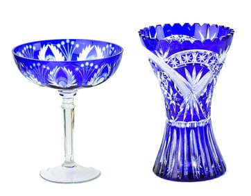 BOHEMIAN CUT-TO-CLEAR COBALT GLASS COMPOTE & VASE