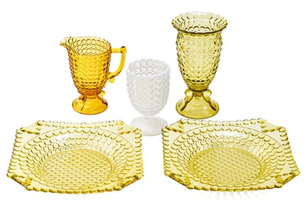 COLLECTION OF 'THOUSAND EYE' AMBER GLASSWARE & MORE