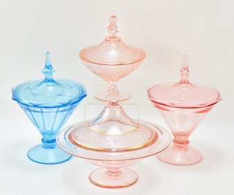 DEPRESSION GLASS CANDY JARS: TIFFIN, CAMBRIDGE, & LANCASTER GLASS (ATTR.)