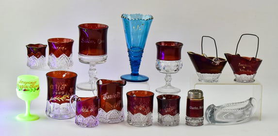 COLLECTION OF ANTIQUE TOURIST SOUVENIR PATTERN GLASSWARE