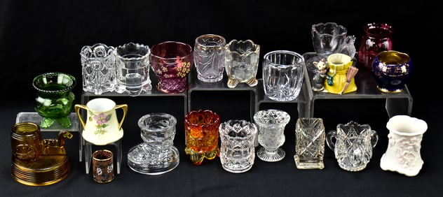 ASSORTED PATTERN & CUT GLASS & PORCELAIN TOOTHPICK HOLDERS