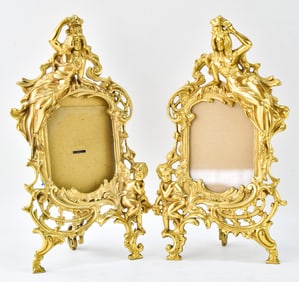 PAIR OF ART NOUVEAU-STYLE BRASS-PLATED CAST IRON PICTURE FRAMES